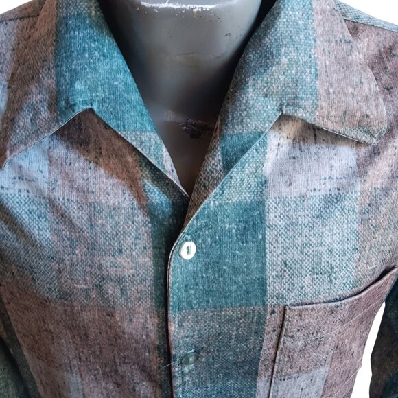 Large  Vintage Men's Disco Shirt 1970's Joel Checker Green Polyester Stretch USA - Picture 1 of 6